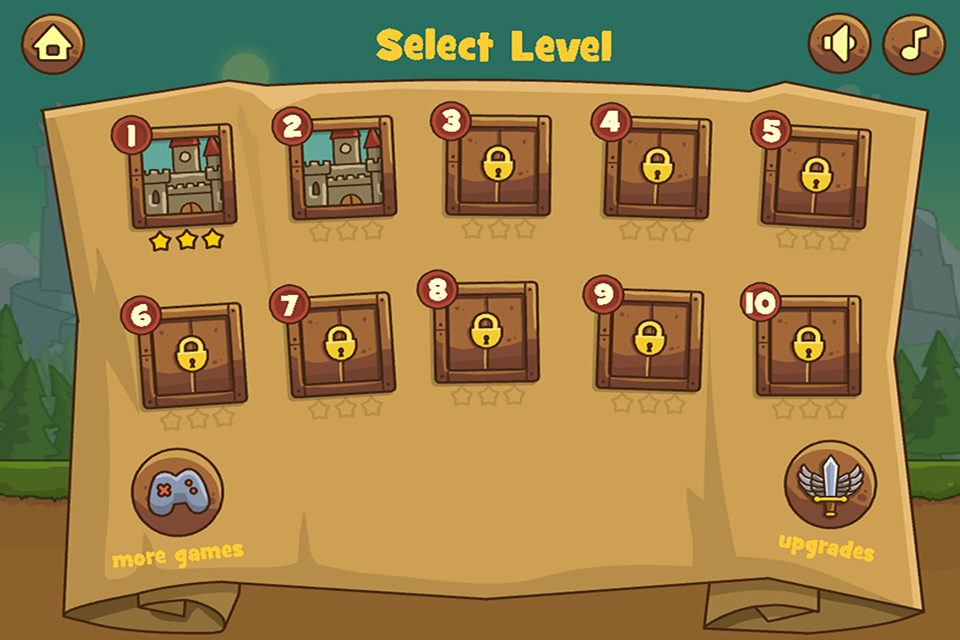 王国保卫战OL-我的超级黄金矿工(萝卜的世界) - Level selection screen in a cartoon strategy game showing unlocked and locked levels on a parchment map background
