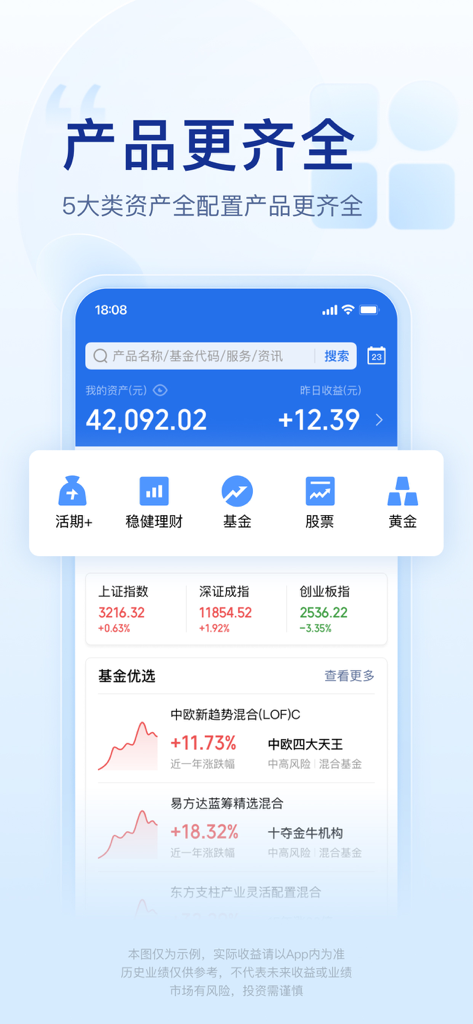 Tencent Licaitong app dashboard displaying various investment categories like funds, stocks, and gold
