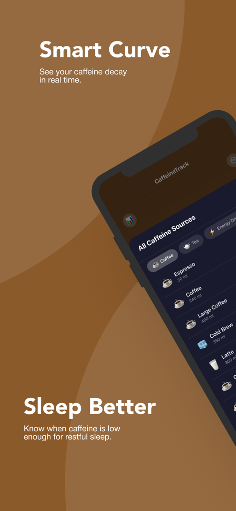 CaffeineTrack – Sleep Better - CaffeineTrack app interface displaying the caffeine decay curve and sleep optimization features