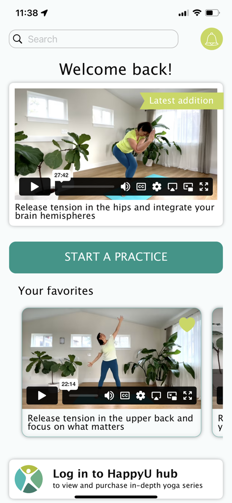 Home yoga practice - 요가 테라피 비디오 레슨을 보여주는 홈 요가 연습 앱 홈 화면