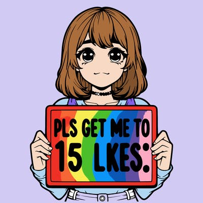 realistic girl holding up a sign that says “pls get me to 15 likes!”