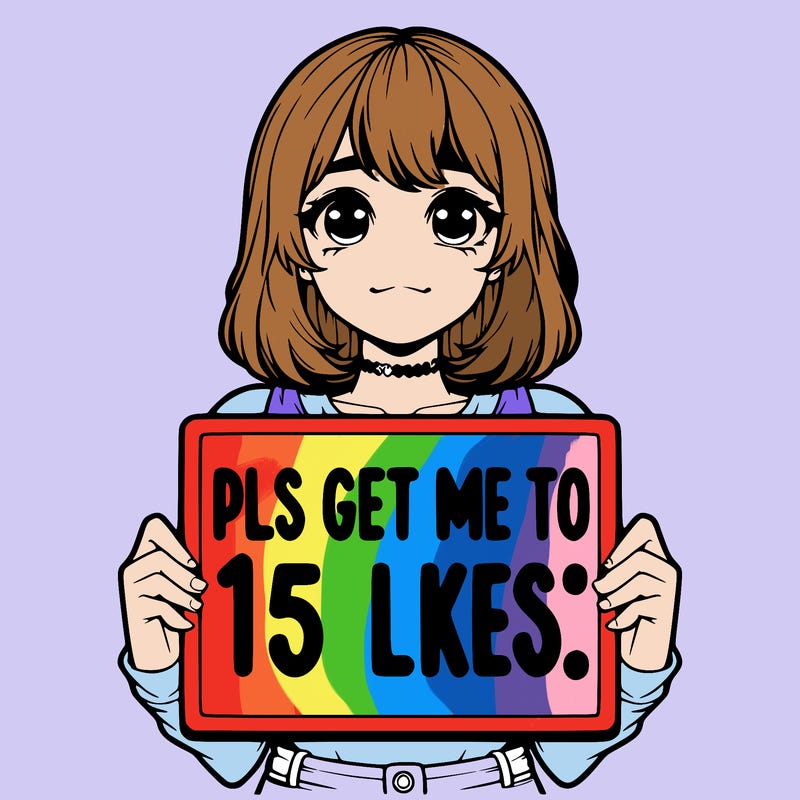 realistic girl holding up a sign that says “pls get me to 15 likes!”