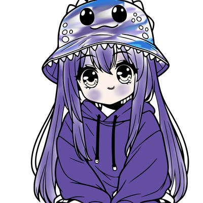 girl with anime shaped eyes with a dinosaur bucket hat oversized sweatshirt long straight hair