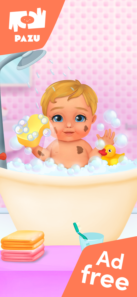 Cartoon baby taking a bath with bubbles and a rubber duck in the Chic Baby 2 app