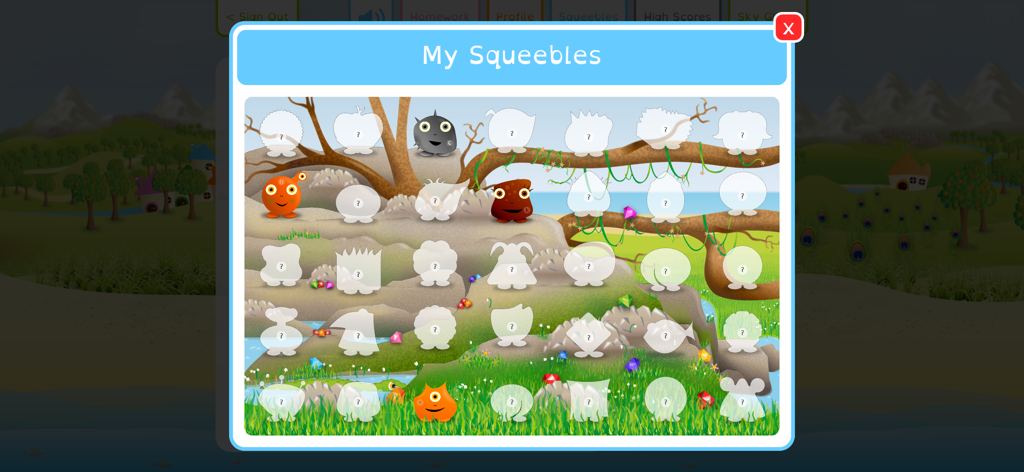 Squeebles Spelling Connect - A screen titled My Squeebles showing a collection of unlocked and locked monster characters in a colorful landscape