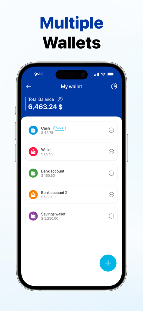 MoneyNote: Save and Track - Smartphone screen showing multiple account wallets and total balance in the ZenExpense financial tracking app.