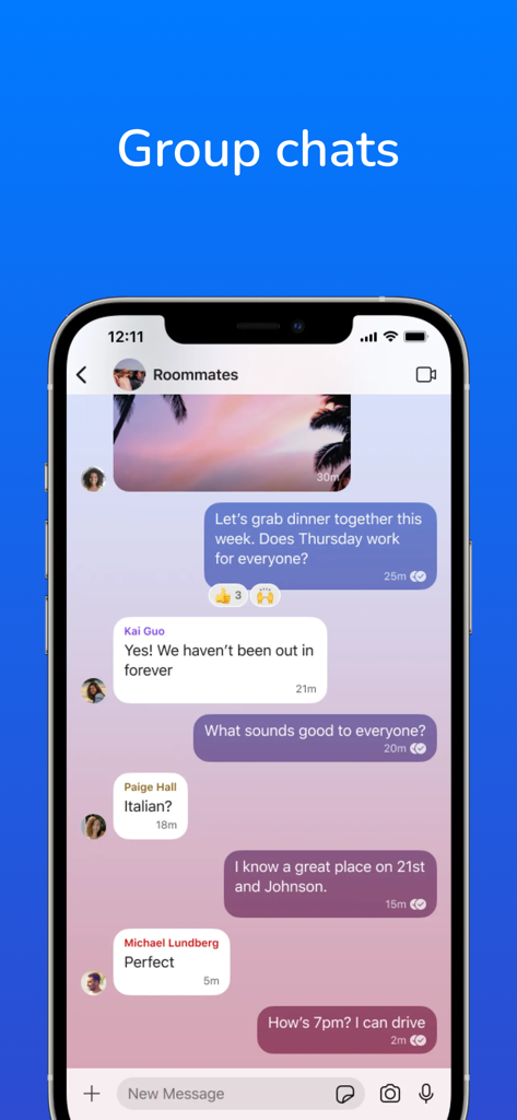Link Messenger stories, calls - Link Messenger group chat interface showing a conversation among roommates