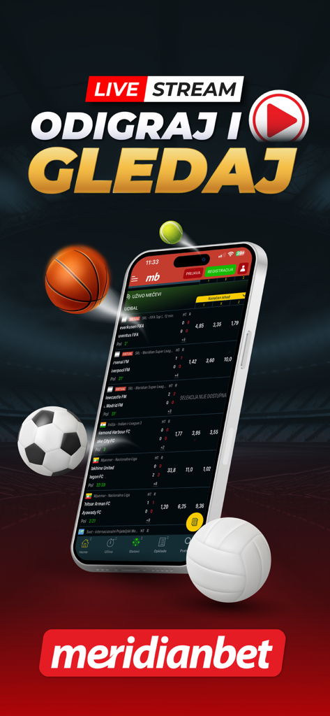 Meridianbet.RS - Meridianbet RS app interface on a smartphone showing live sports betting odds and streaming options