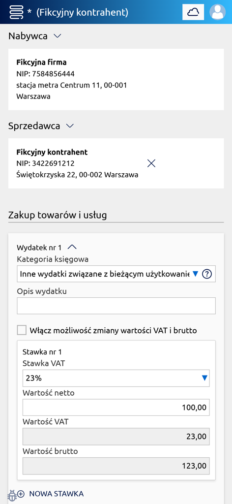 firmly - Tela móvel do aplicativo Firmly para registrar despesas comerciais e calcular o IVA