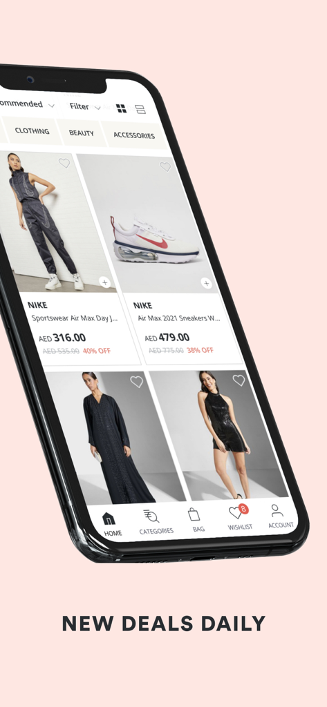 SIVVI Online Shopping سيفي - SIVVI mobile app interface showing fashion products like Nike shoes and clothing with a New Deals Daily banner
