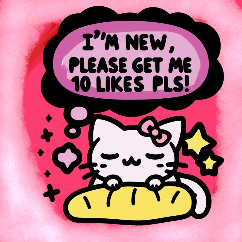 kitty taking a nap dream talking and saying "i'm new, please get me at least 10 likes pls!!"