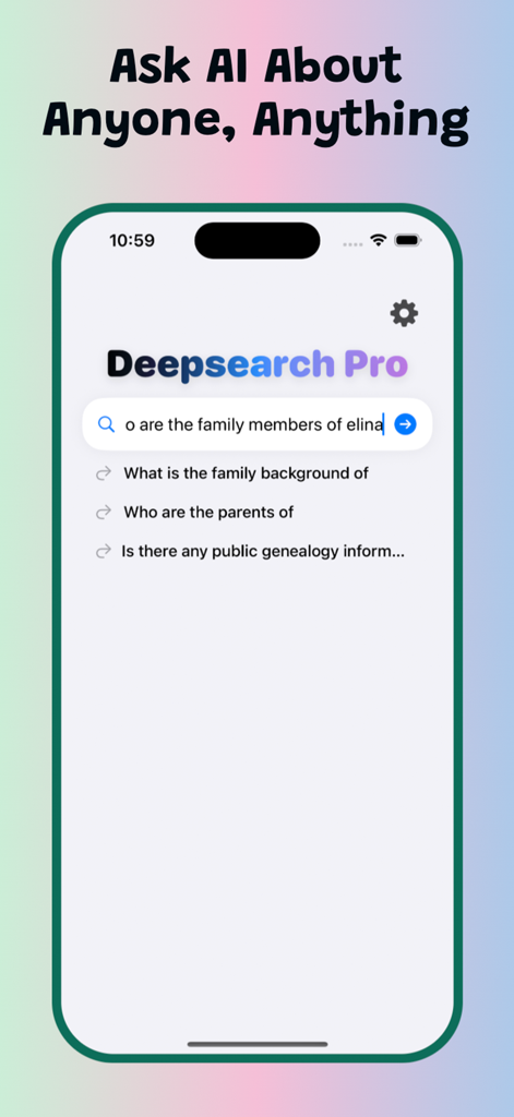 Deepsearch Pro AI QuickFind - Deepsearch Pro AI interface showing a search bar with genealogy and family search queries on an iPhone screen