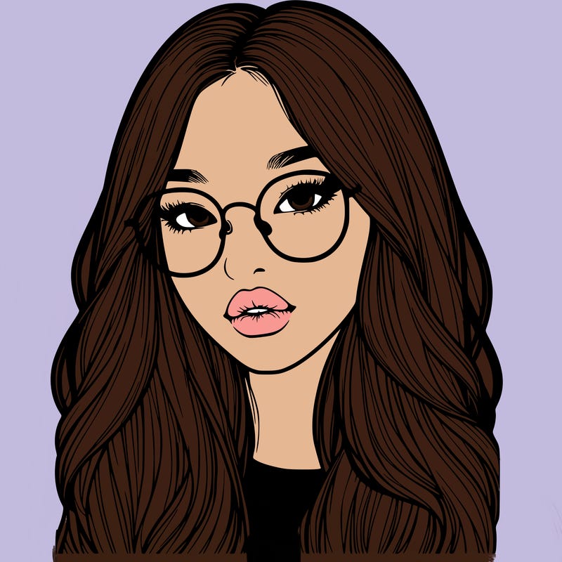 realistic korean girl with long hair, glasses and big lips
