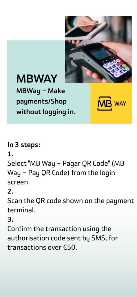 Instructions for making contactless QR code payments with MBWay using the Bankinter Portugal app.