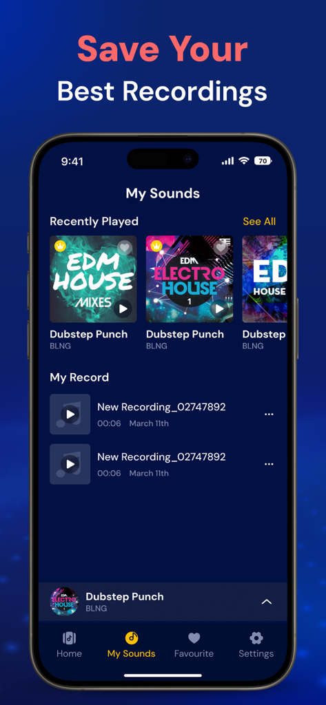 Drum Pad: Learn Beat Maker Kit - Interfaz de la aplicación Drum Pad mostrando la sección Mis Sonidos con grabaciones guardadas y pistas de EDM reproducidas recientemente
