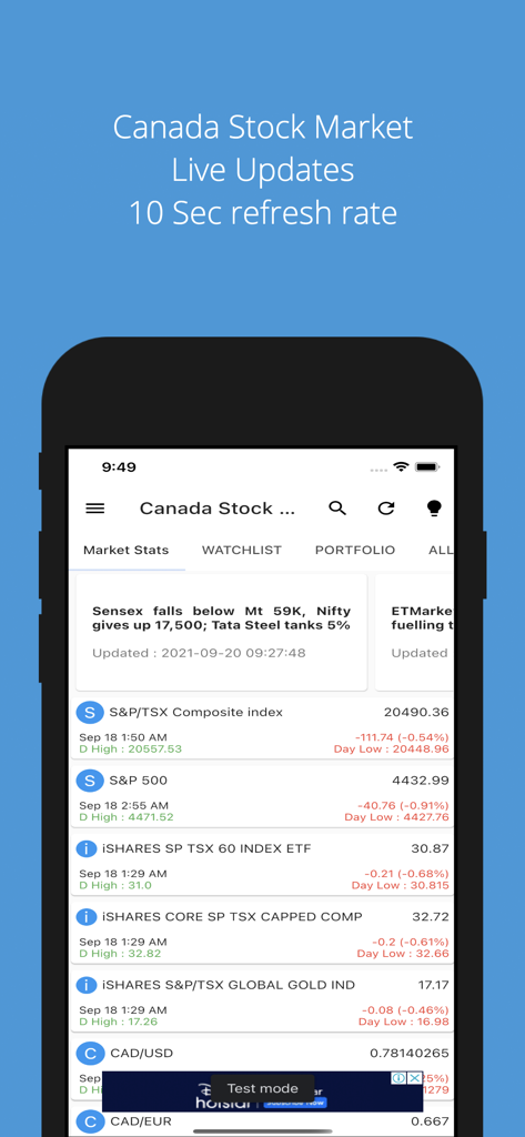 Écran de smartphone montrant l'application Canada Stock Market Live avec des indices TSX et des données financières en temps réel