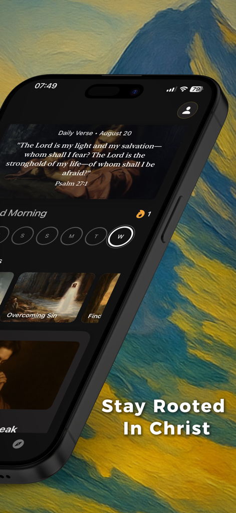 Genesis: Get Closer To God - Interfaccia dell'app cristiana Genesi con un versetto biblico quotidiano e un monitoraggio delle abitudini spirituali