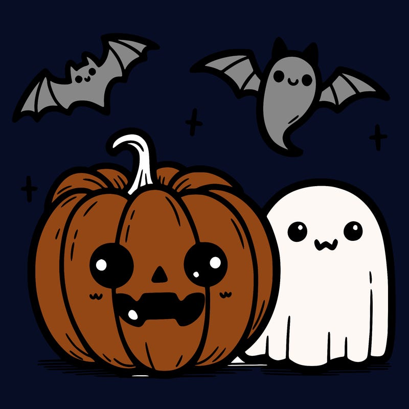 cute pumpkin with a cute ghost and a cute bat