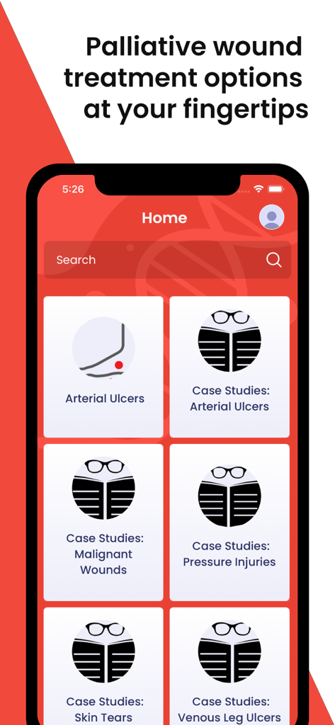 Wound Care Pro - Wound Care Proアプリのホーム画面。動脈性潰瘍や悪性創傷、褥瘡などのさまざまな症例スタディのメニューオプションが表示されています。