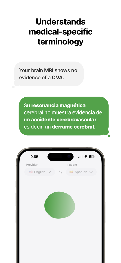Aida - AI Medical Interpreter - Aida app screenshot demonstrating English to Spanish translation of medical terms like MRI and CVA.