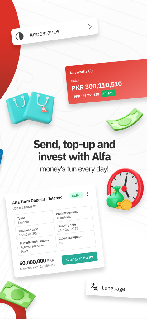 Dashboard dell'app mobile Alfa di Bank Alfalah che mostra il patrimonio netto in PKR e i dettagli del deposito a termine islamico