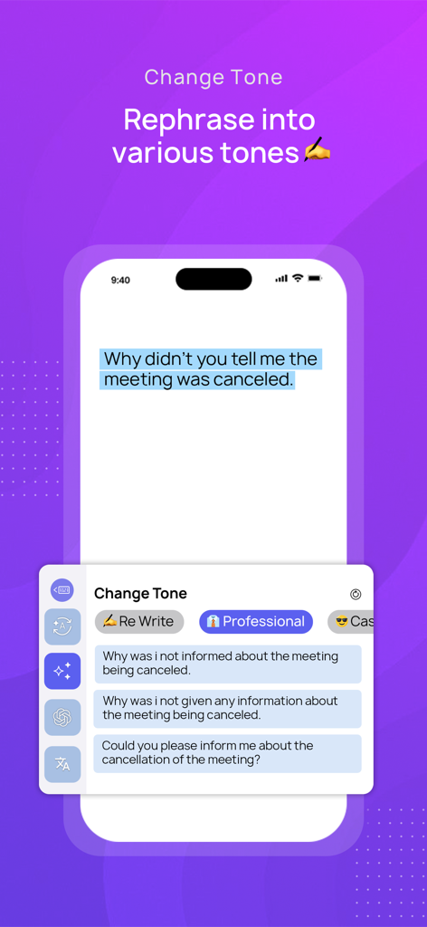 CleverType - AI Keyboard - CleverType mobile app interface demonstrating how to rephrase a casual sentence into various professional tones using AI.