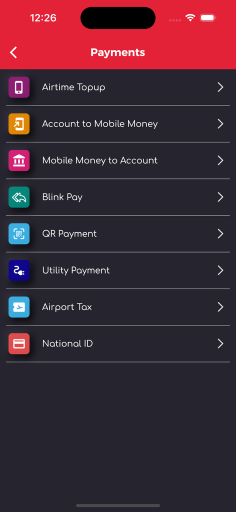 SLCB - SLCB mobile banking app payments screen with options for airtime topup and mobile money transfers