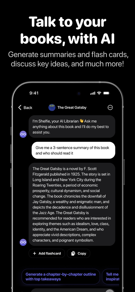 Interface of the Bookshelf app showing a chat with an AI librarian about The Great Gatsby