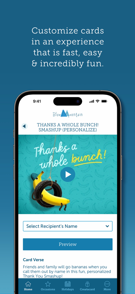 Interface de l'application Blue Mountain Ecards montrant comment personnaliser une carte SmashUp avec un message de remerciement et un personnage de banane