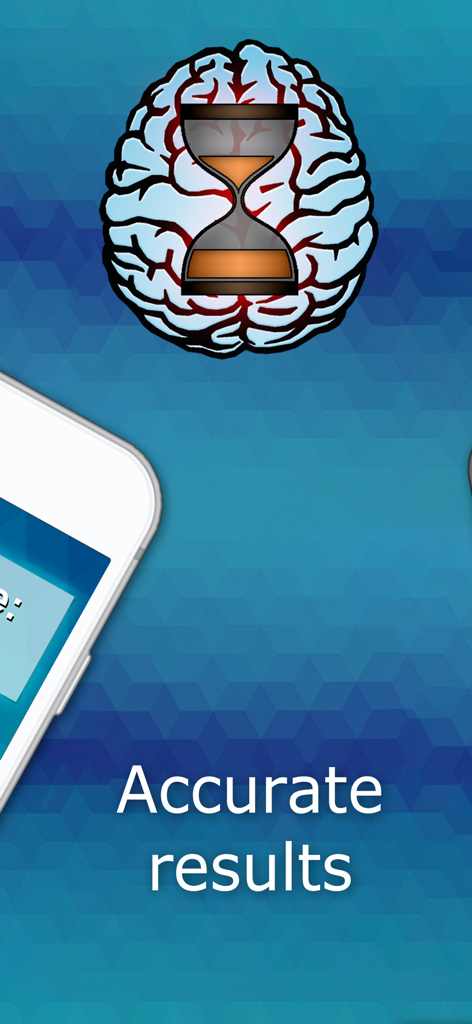 Écran de l'application de test d'âge mental montrant une icône de cerveau avec un sablier et le texte Résultats précis.