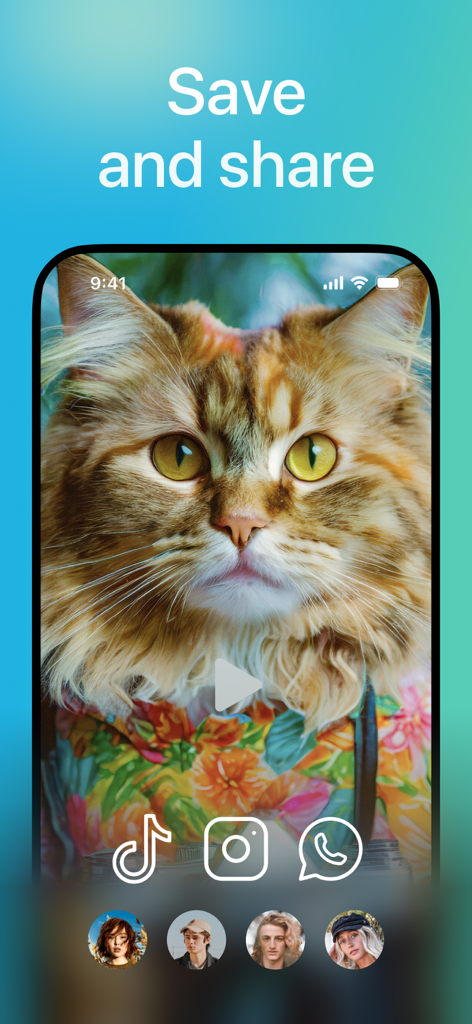 Magic AI Video & Art Generator - Magic AI app screen showing an AI generated cat video and social media share options