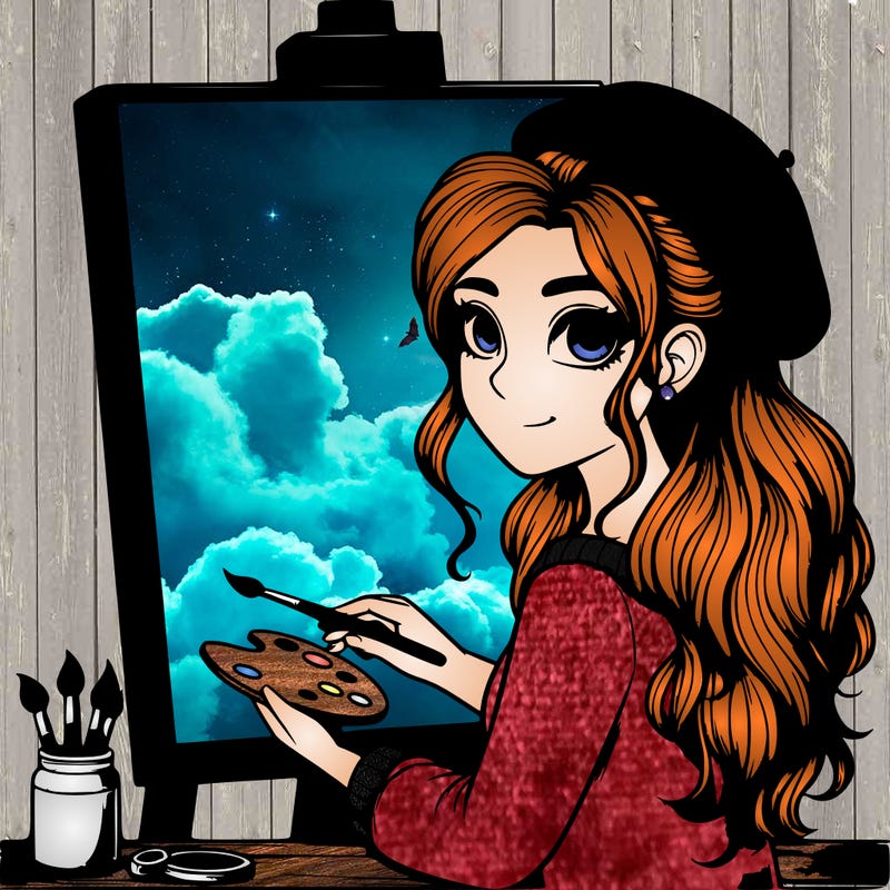 realistic girl artist painting a blank canvas