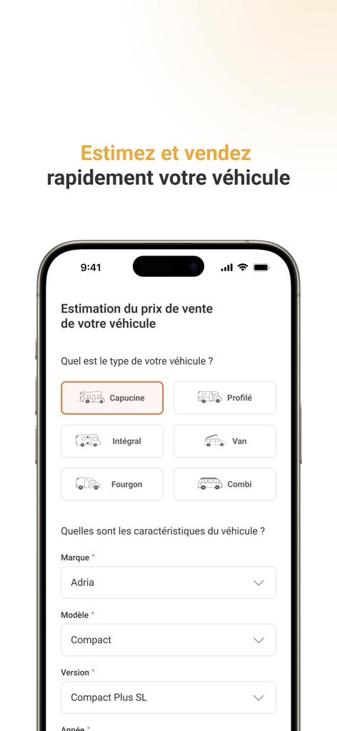 Wikicampers - Mobile app screen for estimating the sale price and selling an RV or campervan