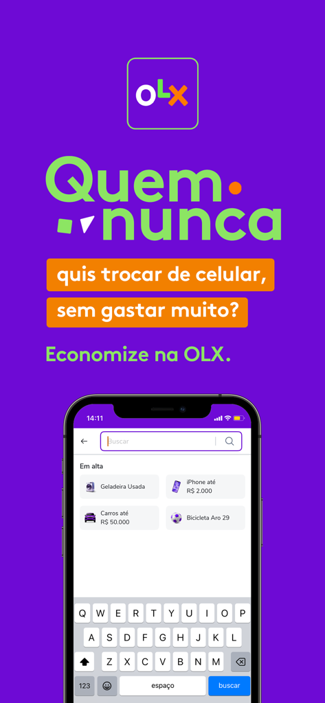 Tela de busca do app OLX exibindo categorias populares como celulares e carros em um dispositivo móvel.