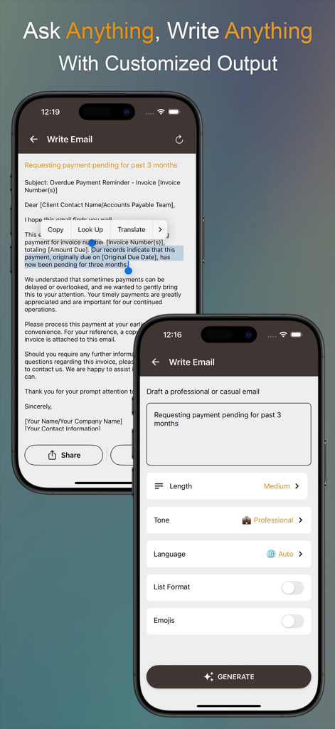 Oberfläche der Business AI App, die die Erstellung professioneller E-Mails mit anpassbaren Ton- und Längeneinstellungen zeigt.