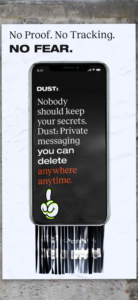 Promotional image for Dust app showing a smartphone being shredded with text about private messaging and no tracking