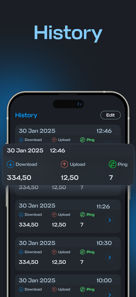 SpeedTest app history screen showing a list of network speed results for download upload and ping
