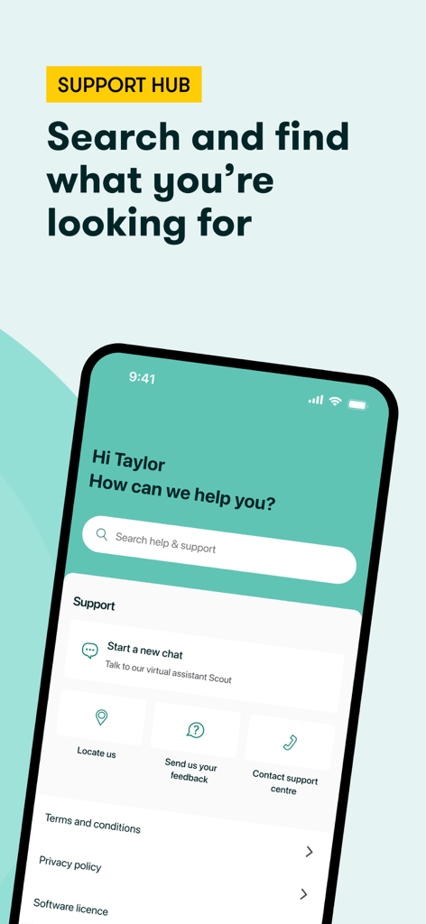 Suncorp Bank App - Suncorp Bank App support hub screen featuring a search bar and chat with virtual assistant Scout