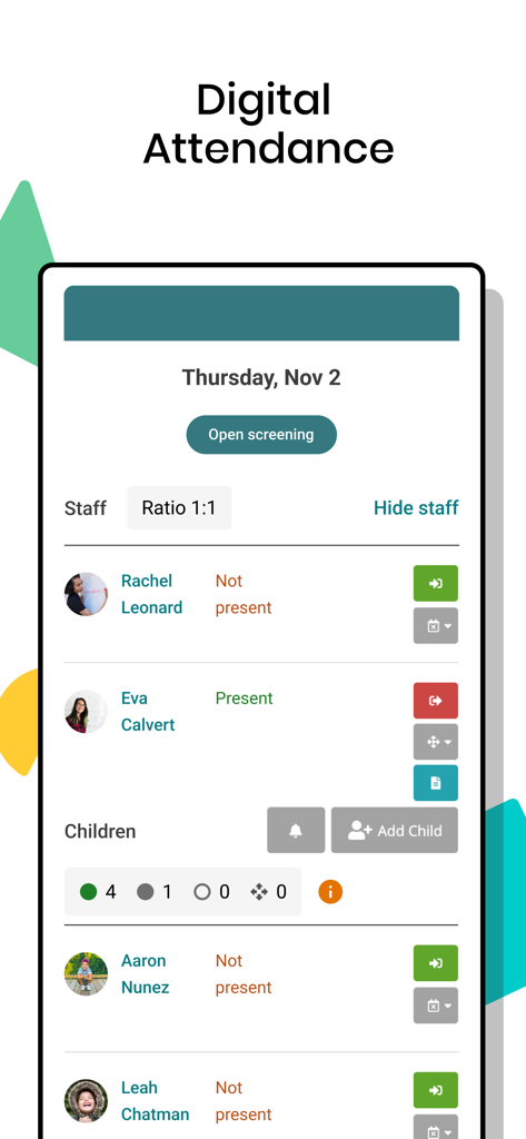 Screenshot of the Lillio app showing the digital attendance feature for tracking staff and children presence in a childcare center
