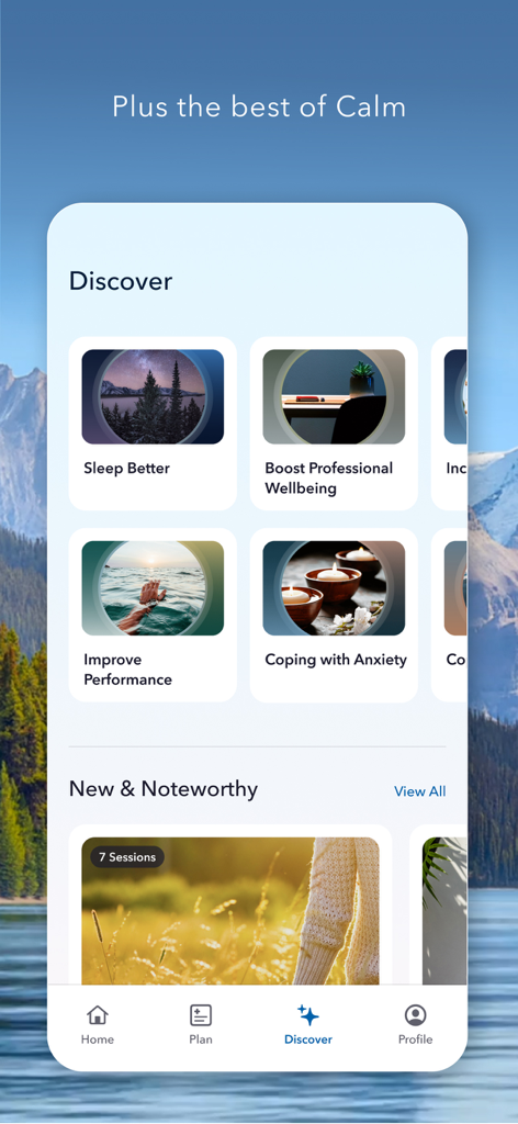 Calm Health - Bildschirm 'Programme entdecken' der Calm Health App mit verschiedenen klinischen Wellness-Programmen zur Linderung von Schlaf- und Angstzuständen