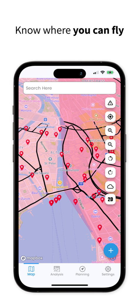 SkyGuard for Drones - SkyGuard for Drones app showing an interactive map with drone flight paths and airspace restriction markers