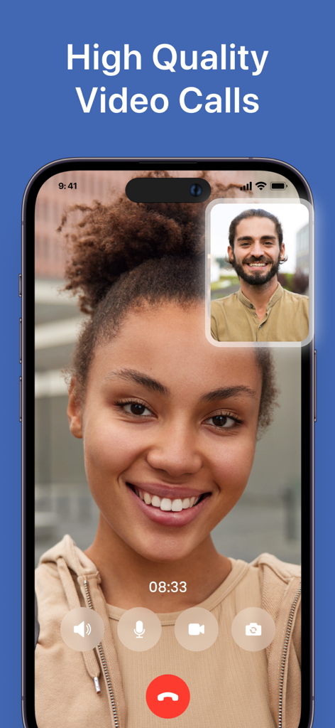 Text App: Calling+Texting Now - A smartphone screen showing a high quality video call interface on the Text App.