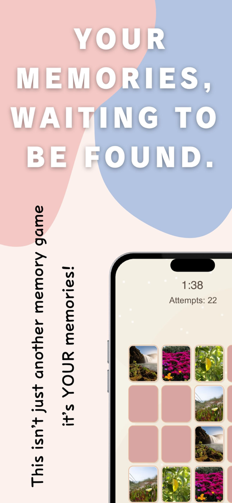 Awase - Photo Memory Game - Captura de pantalla de la aplicación Awase que muestra un juego de concentración usando fotos personales de la naturaleza en la pantalla de un teléfono