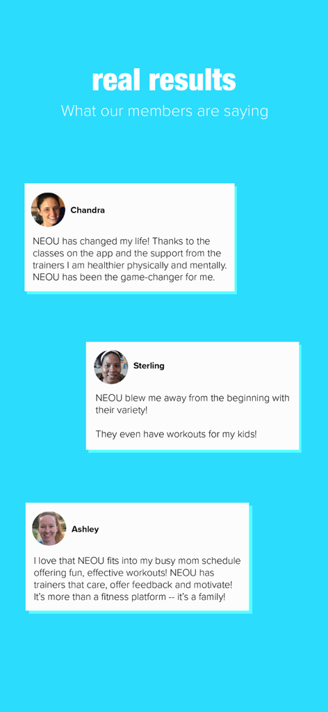 Member testimonials and reviews showcasing results on the NEOU fitness app