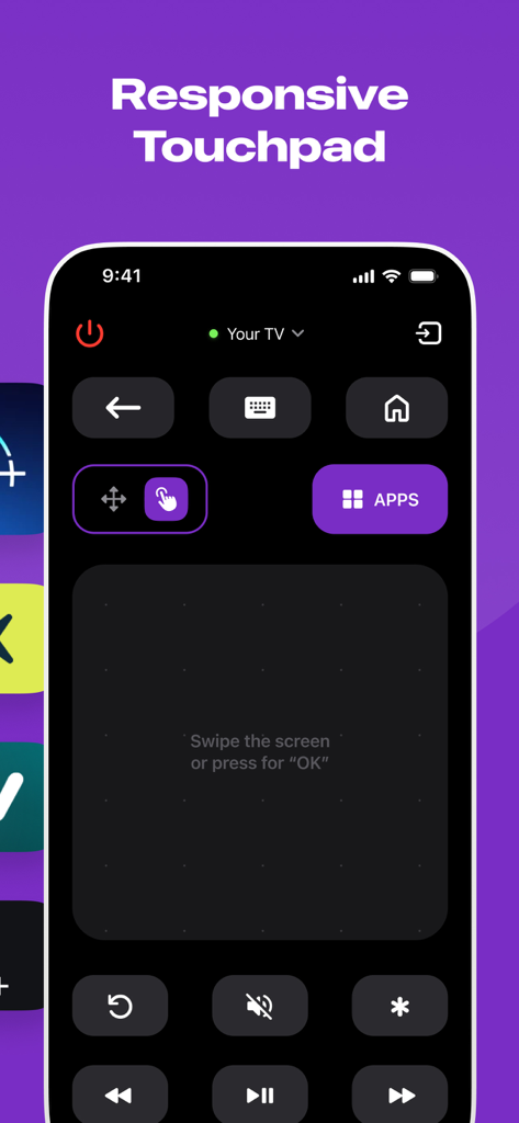 Interfaccia dell'app Roku TV Remote che mostra un touchpad reattivo per la navigazione.
