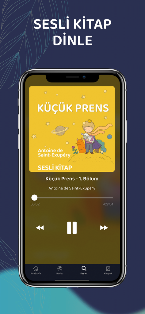 Interface do aplicativo móvel 724 Dinle mostrando um reprodutor de audiolivros turco para O Pequeno Príncipe.