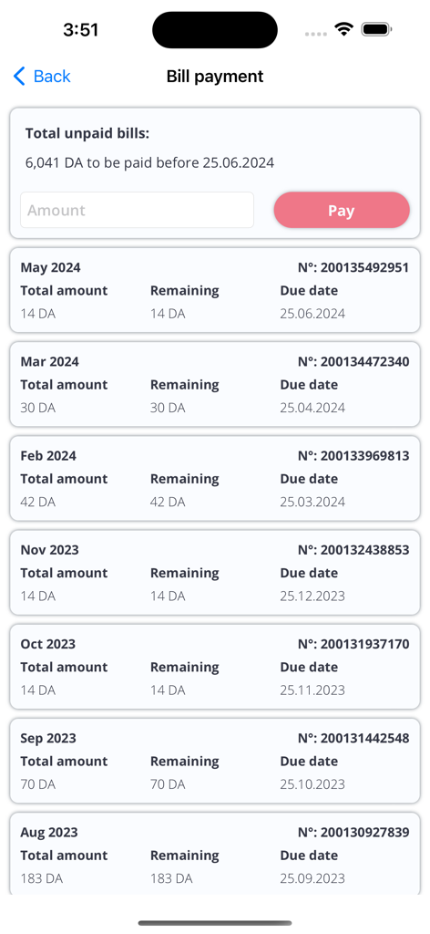 Djezzy - Interface de paiement de factures de l'application mobile Djezzy affichant une liste de factures mensuelles impayées et de dates d'échéance