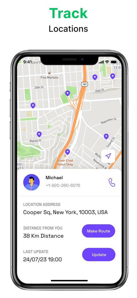 Une interface mobile affichant le suivi de la localisation d'un contact sur une carte avec la carte de profil d'un appelant.