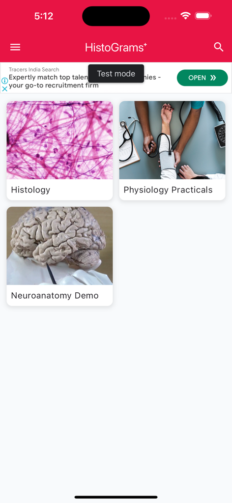 HistoGrams⁺ - 조직학 생리학 실습 신경해부학 데모 학습 범주를 특징으로 하는 HistoGrams 앱의 홈 화면