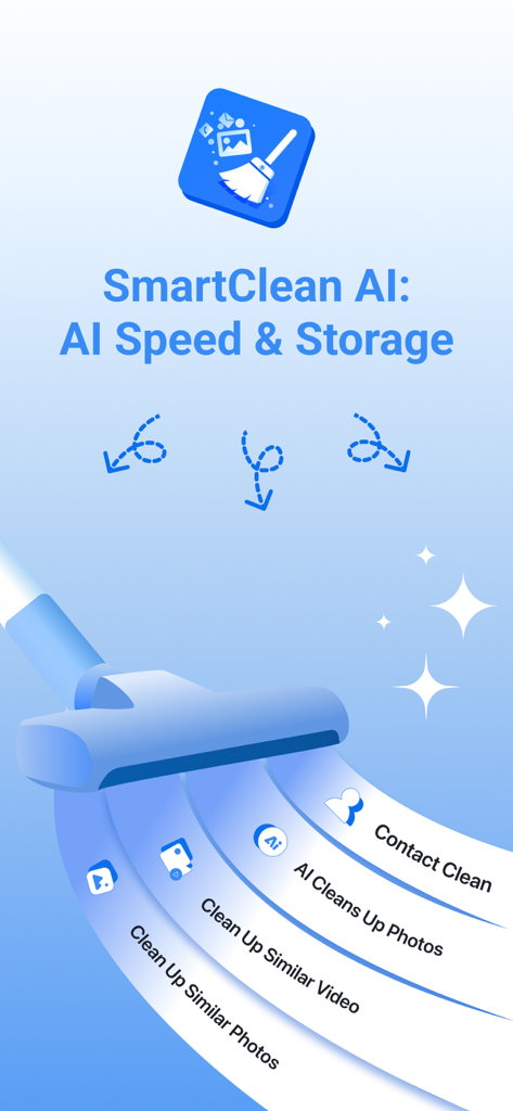 SmartClean AI：Auto Cleanup - Interface of SmartClean AI app highlighting features to clean up similar photos videos and contacts
